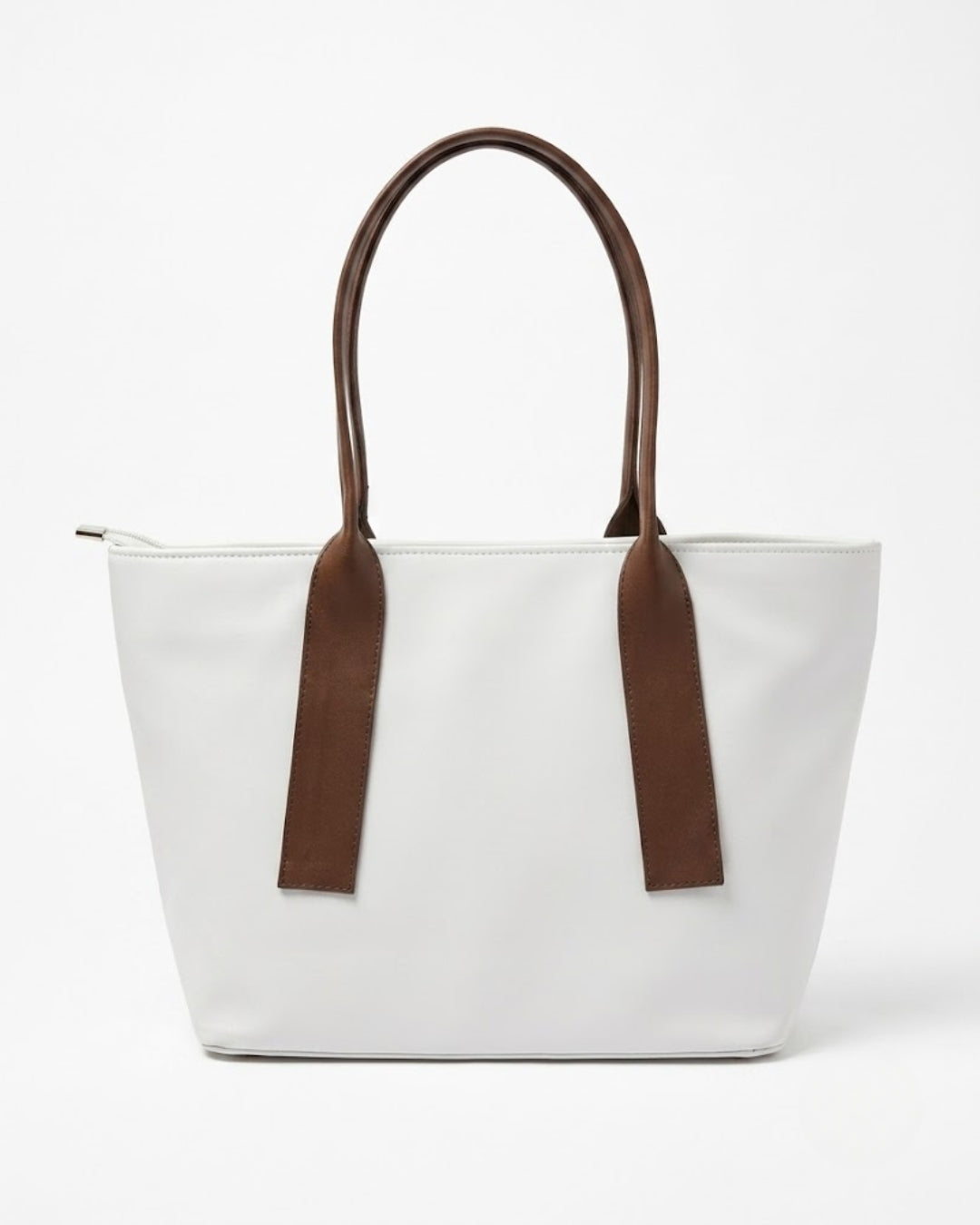 Elegant Pure White Tote Bag with Contrast Brown Shoulder Straps