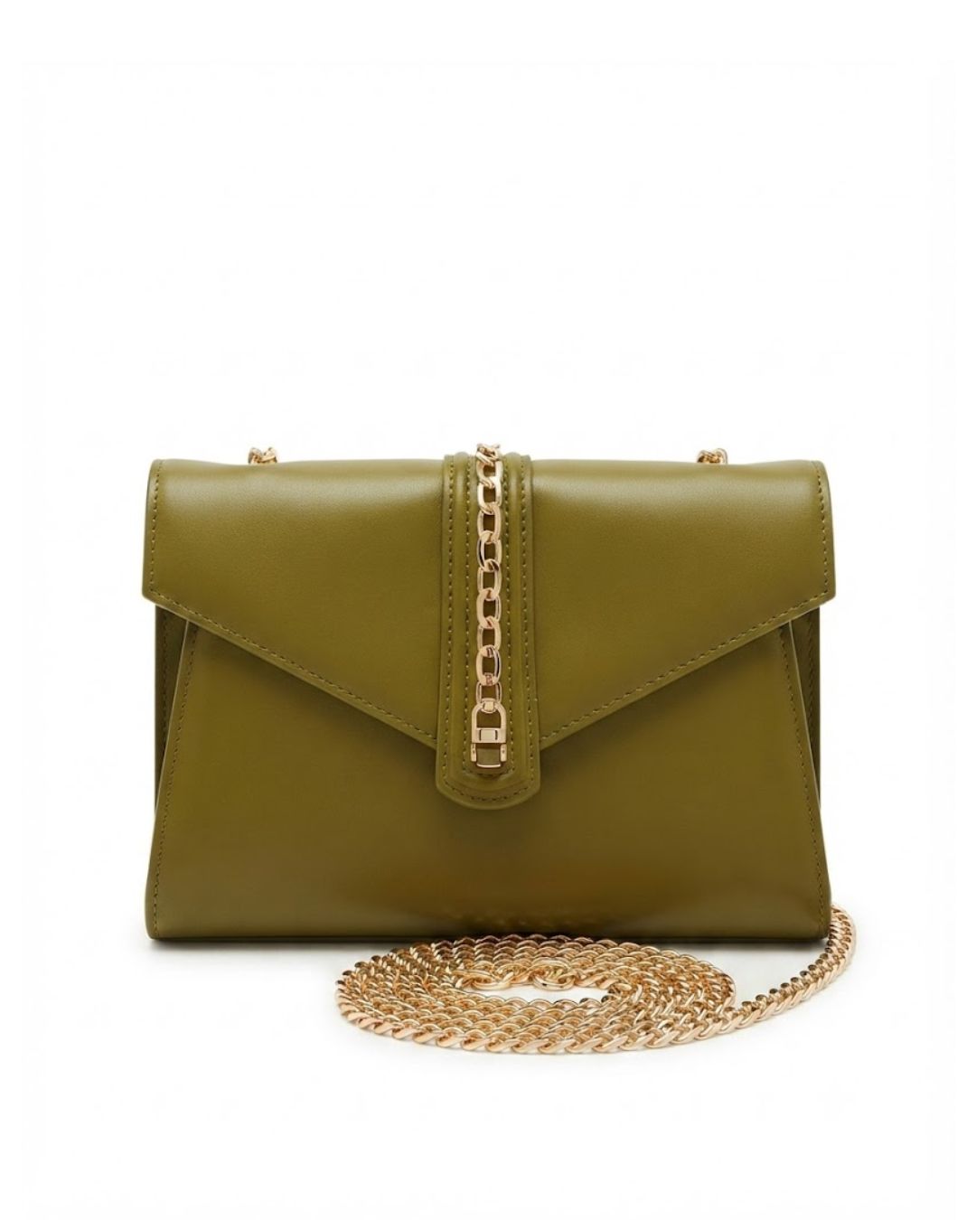 Velaric hard clutch, olive green envelope bag, green chain shoulder purse, fixed chain clutch bag, faux leather envelope clutch, olive green evening purse, structured hard clutch, women party envelope bag, green shoulder clutch, inner zip pocket purse, chic green handbag, gold chain accent bag, elegant olive purse, stylish women hard clutch, casual evening shoulder bag