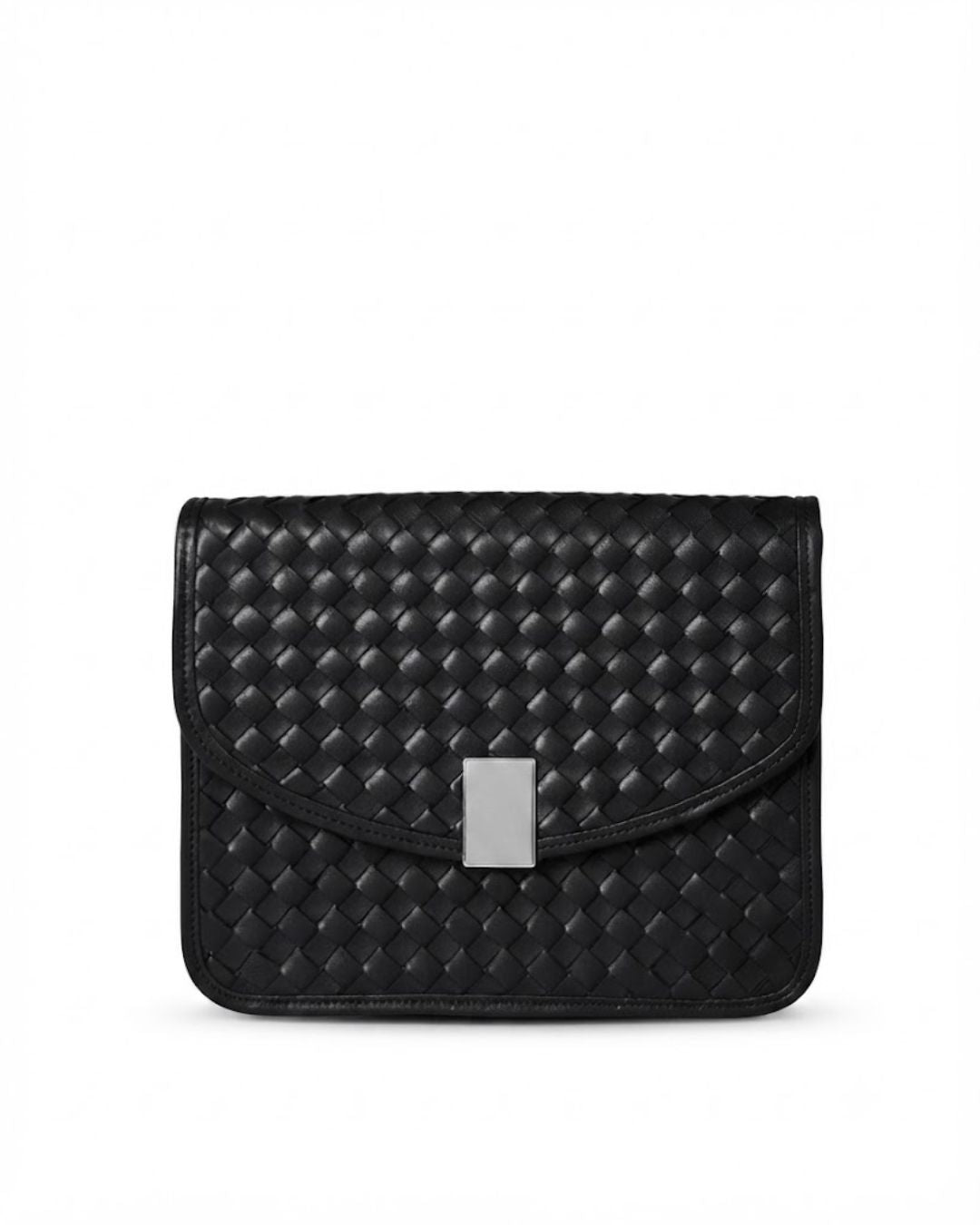 Velaric black clutch, woven hard clutch, black chain shoulder bag, japanese faux leather bag, classic black evening purse, women woven clutch, hard shell party purse, black metallic closure handbag, fixed chain shoulder clutch, women card slot purse, minimalist black clutch, chic evening shoulder bag, structured black handbag, black luxury party bag, eco friendly leather clutch