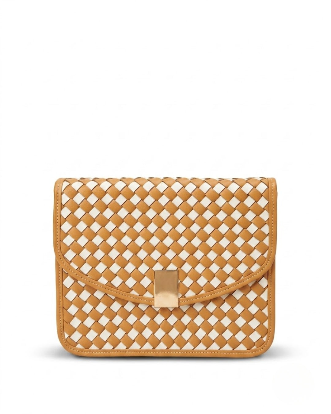 Velaric two tone clutch, ochre white woven bag, mustard yellow hard clutch, woven chain shoulder purse, japanese faux leather clutch, two tone evening handbag, tan white woven purse, women hard shell clutch, fixed chain shoulder bag, chic summer party purse, card pocket evening clutch, designer style woven handbag, trendy women clutch, structured crossbody purse, unique pattern handbag