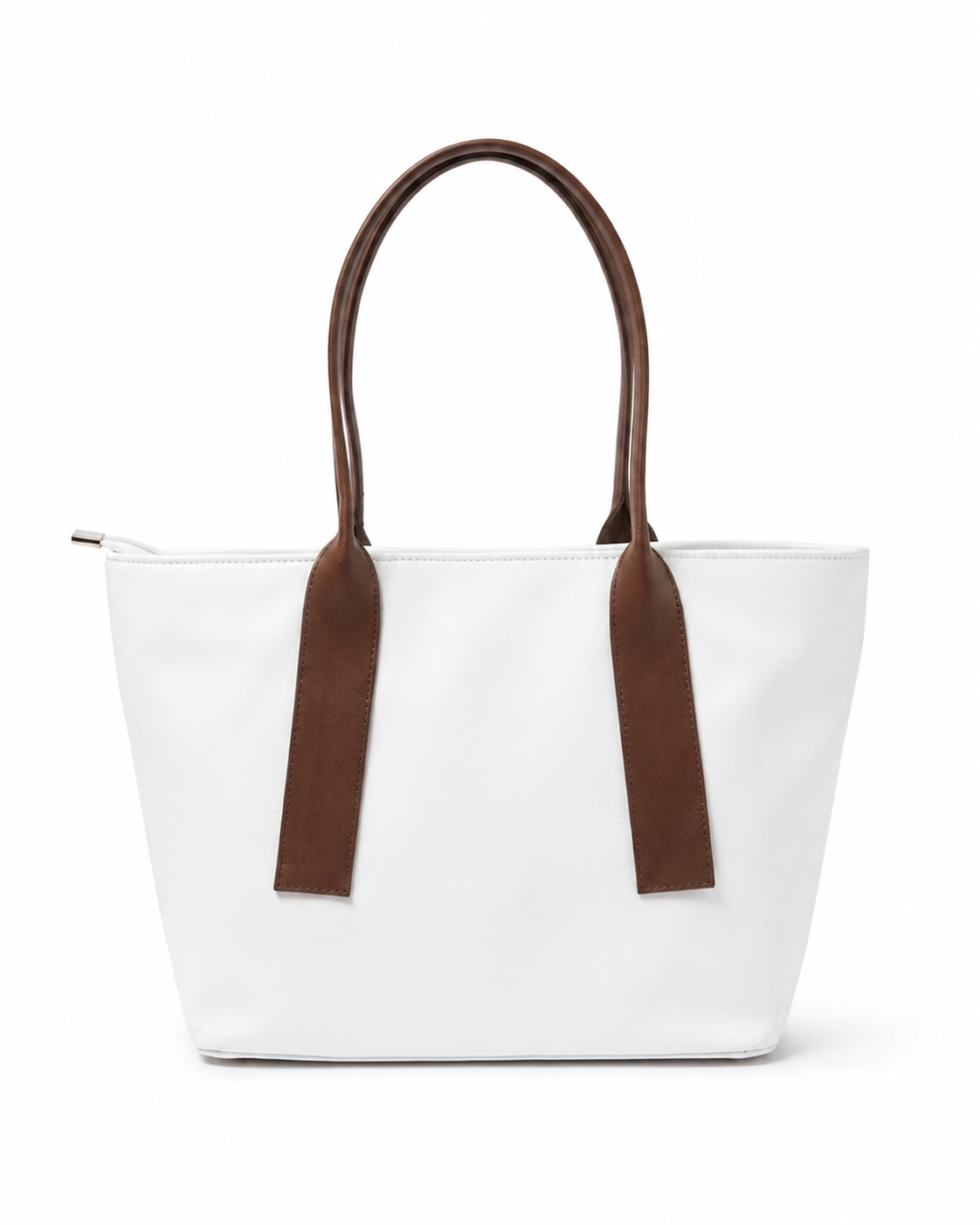 white tote bag, japanese faux leather tote, women shoulder bag, brown handle tote, work tote bag for women, spacious shoulder tote, eco friendly leather bag, daily tote bag, women fashion handbag, designer style tote, zipper pocket tote, travel tote bag, brown trim purse, everyday shoulder purse, white faux leather bag