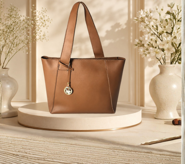 Beige Faux Leather Tote Bag - Top Handle Shoulder Bag with Strap