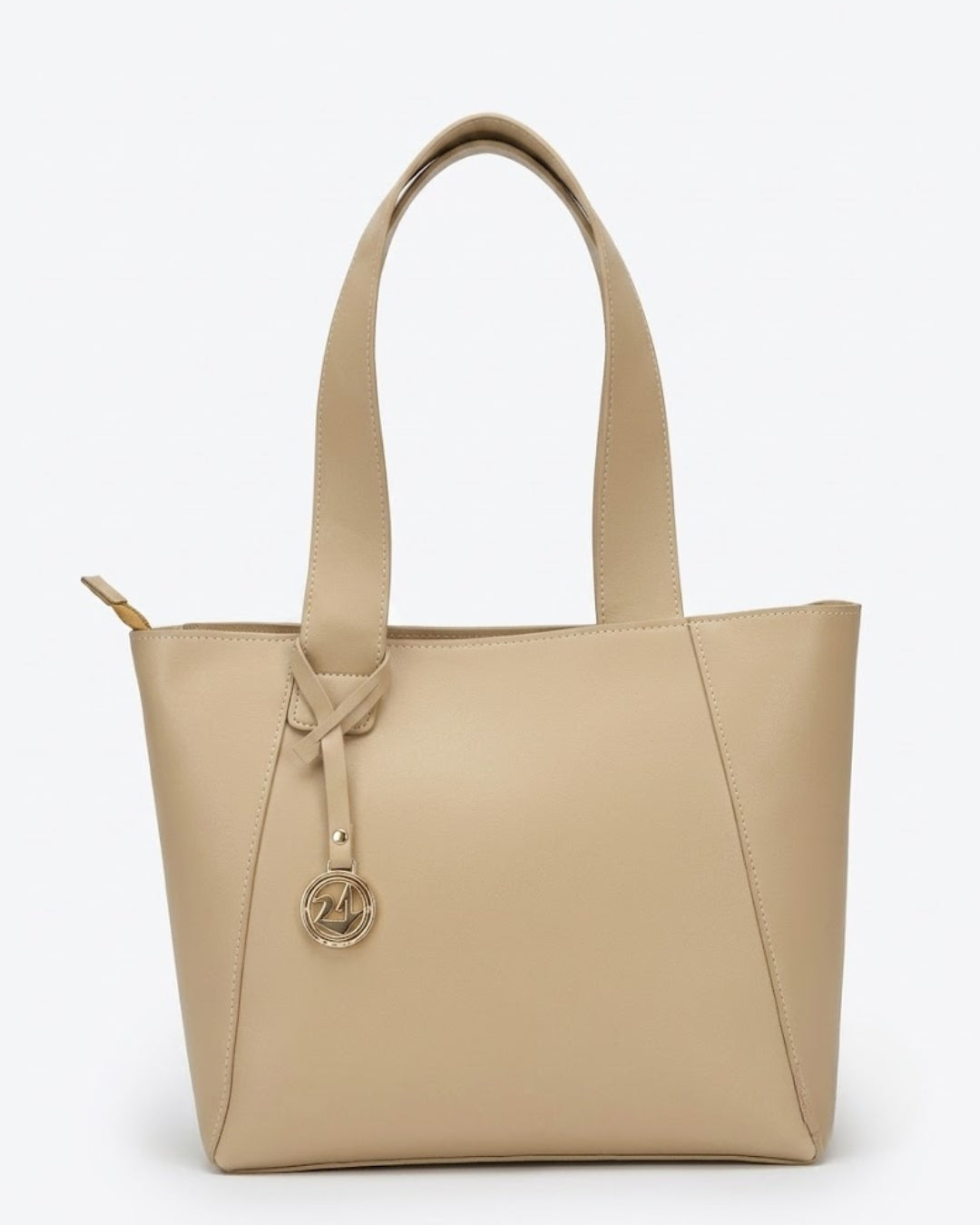 Sophisticated Beige Buckle-Accent Shoulder Tote Bag