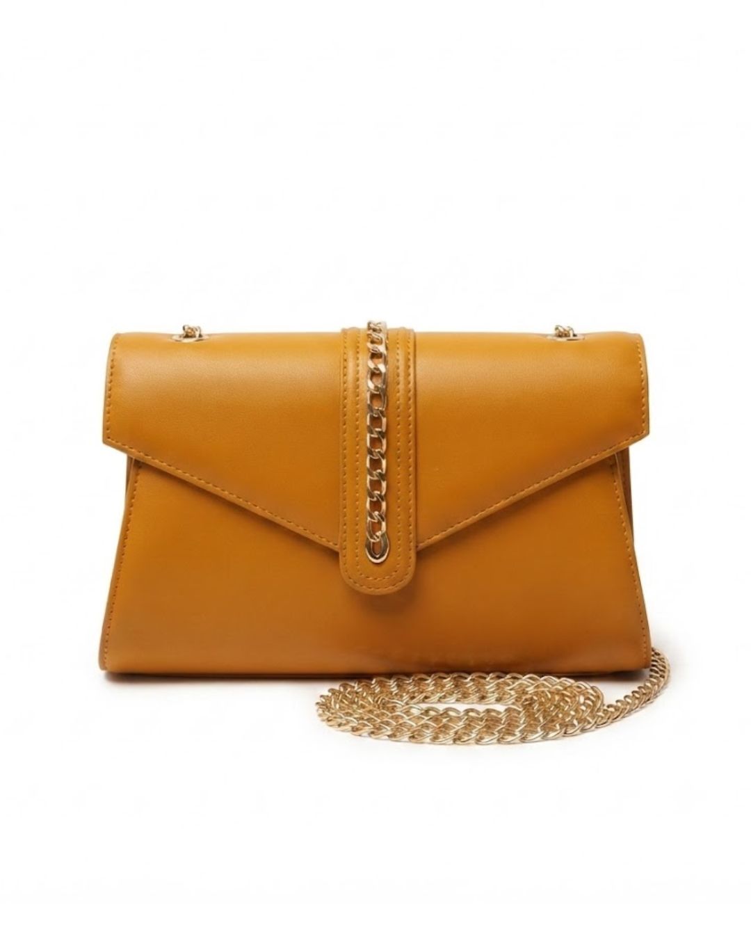 Velaric hard clutch, ochre envelope bag, mustard yellow clutch purse, fixed chain shoulder bag, ochre yellow evening clutch, faux leather envelope purse, hard shell yellow clutch, women yellow shoulder bag, side zip pocket purse, gold chain envelope clutch, chic party handbag, warm yellow clutch, structured evening purse, stylish mustard handbag, women luxury clutch